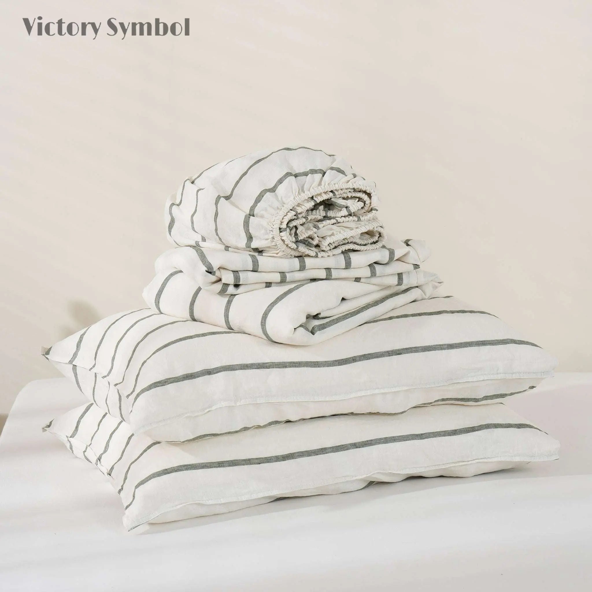 Green Vertical Stripe 100% Organic Linen Yarn Dyed Sheets Set - Victory Symbol