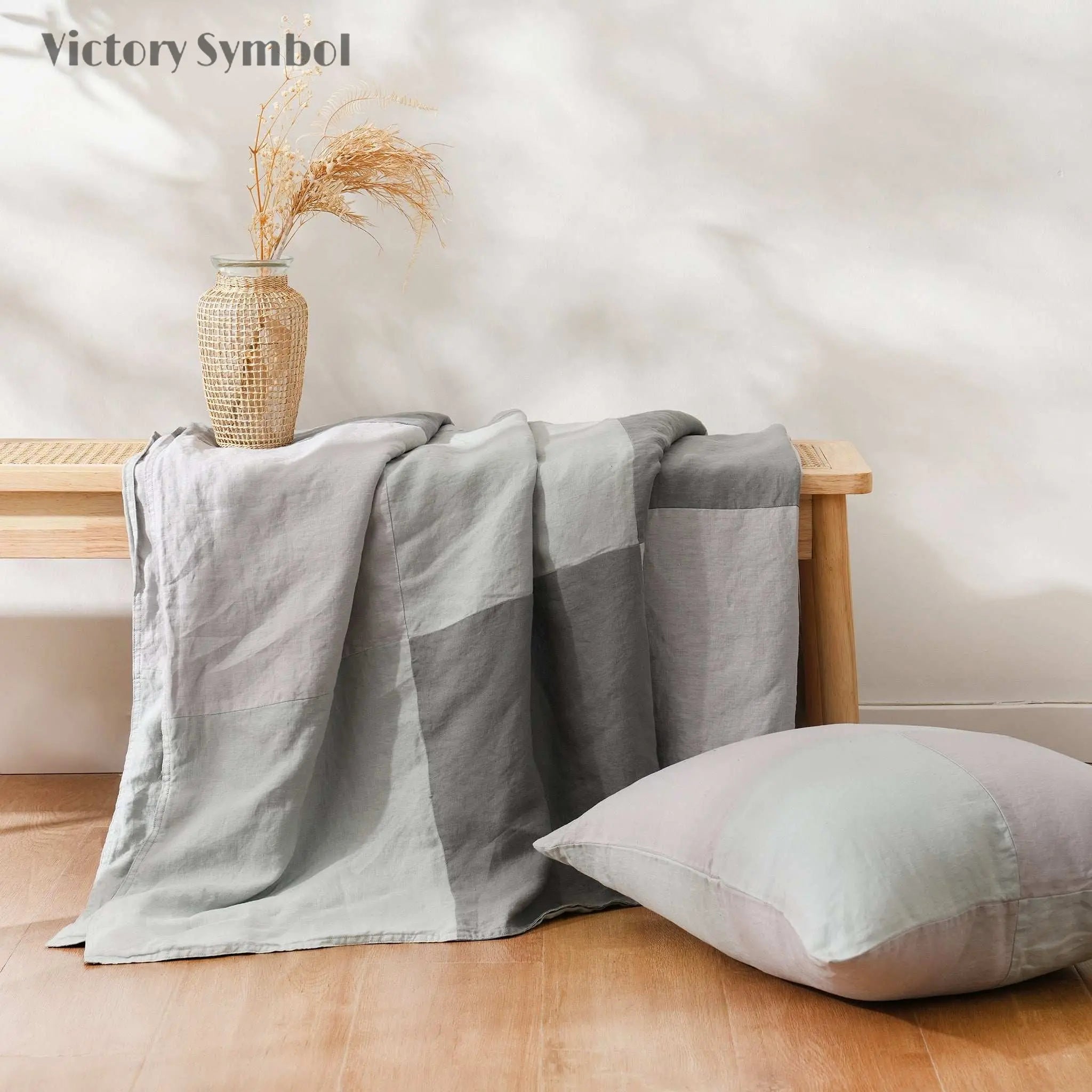 Grey Colorblock 100% Organic Linen Plaid Blanket & Throw - Victory Symbol