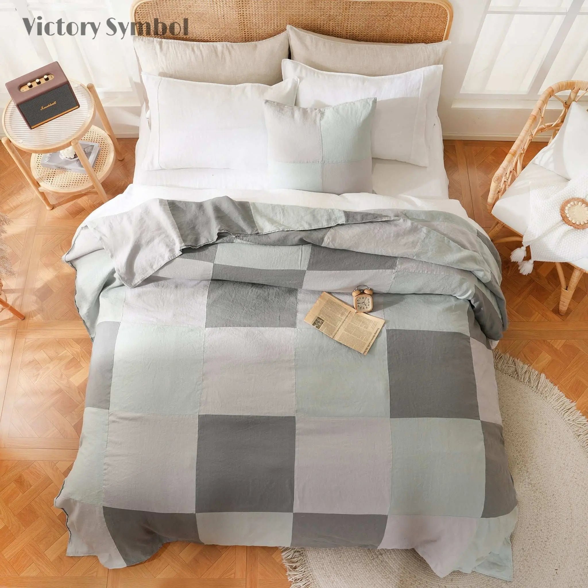 Grey Colorblock 100% Organic Linen Plaid Blanket & Throw - Victory Symbol