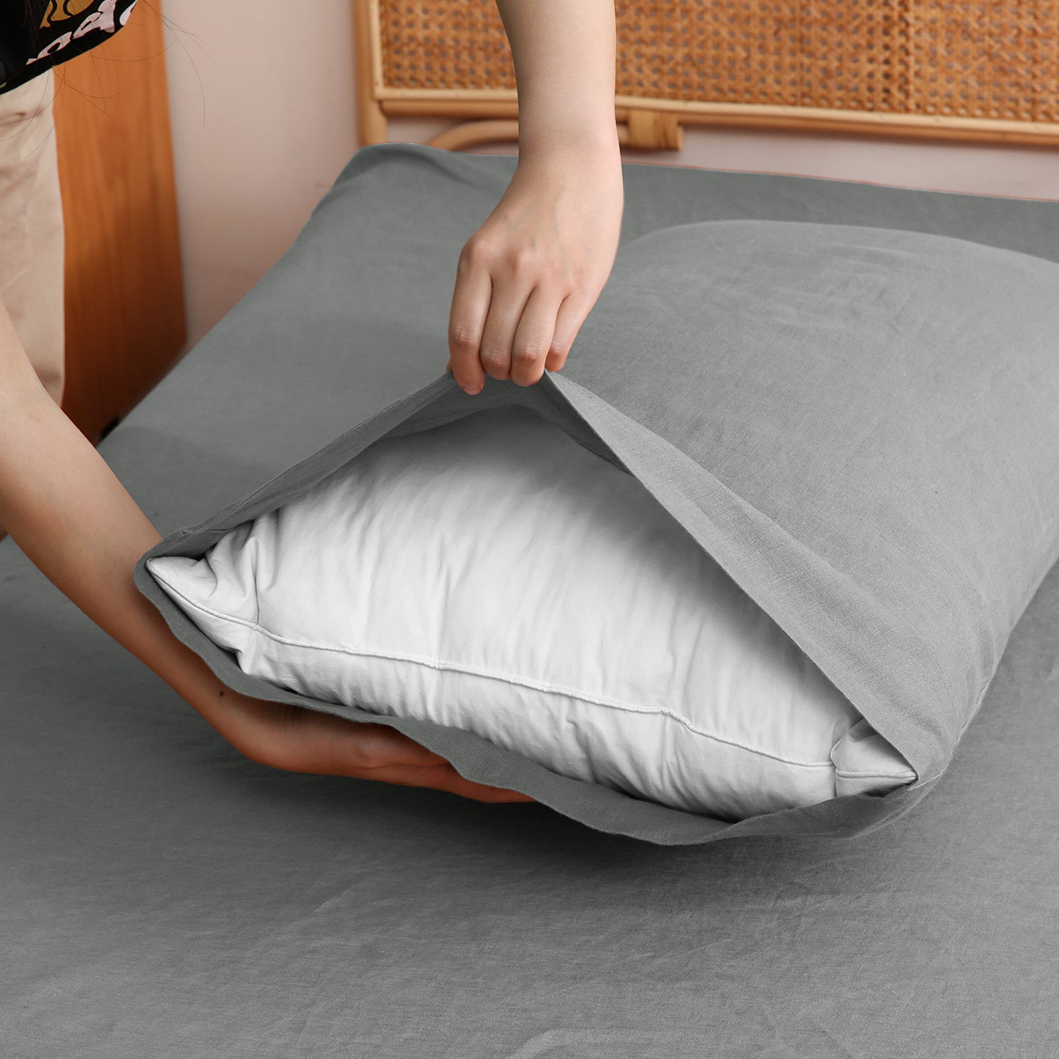 Grey 100% Organic Linen Pillowcases-Victory Symbol