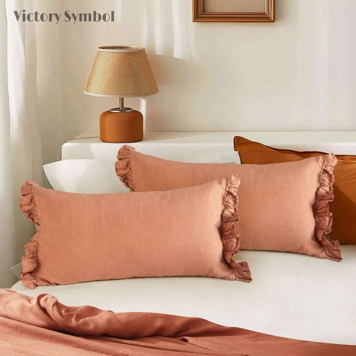 Hazelnut 100% Organic Linen Lumbar Pillowcases With Ruffles - Victory Symbol