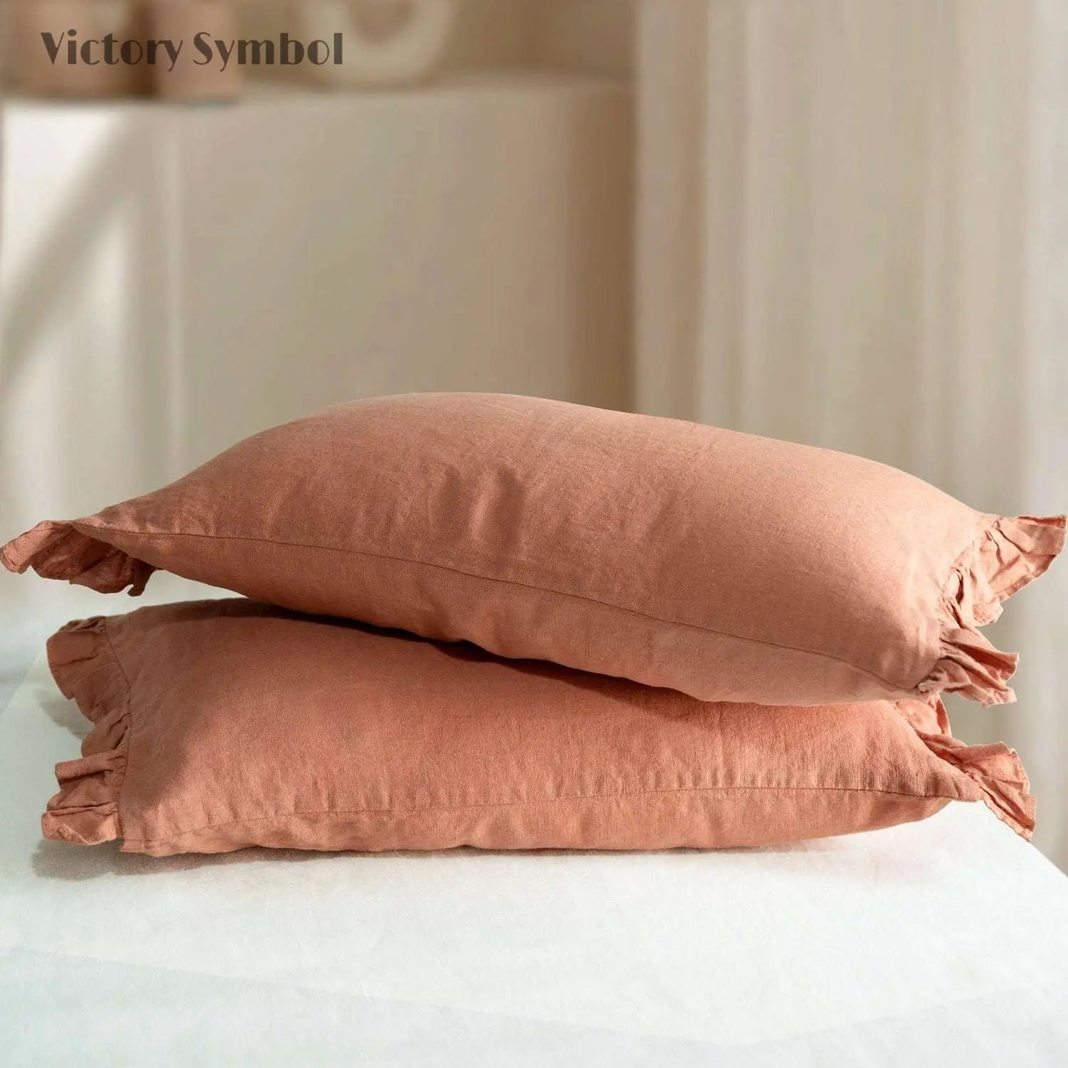 Hazelnut 100% Organic Linen Lumbar Pillowcases With Ruffles - Victory Symbol