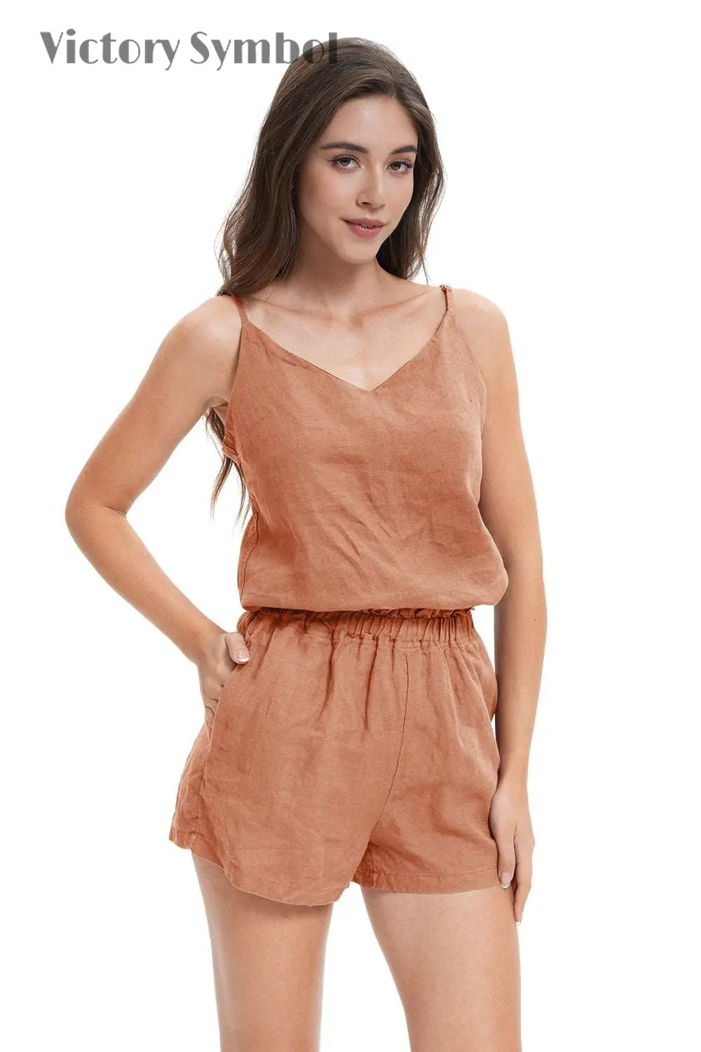Hazelnut Women's  100% Organic  Linen Shorts-victory symbol