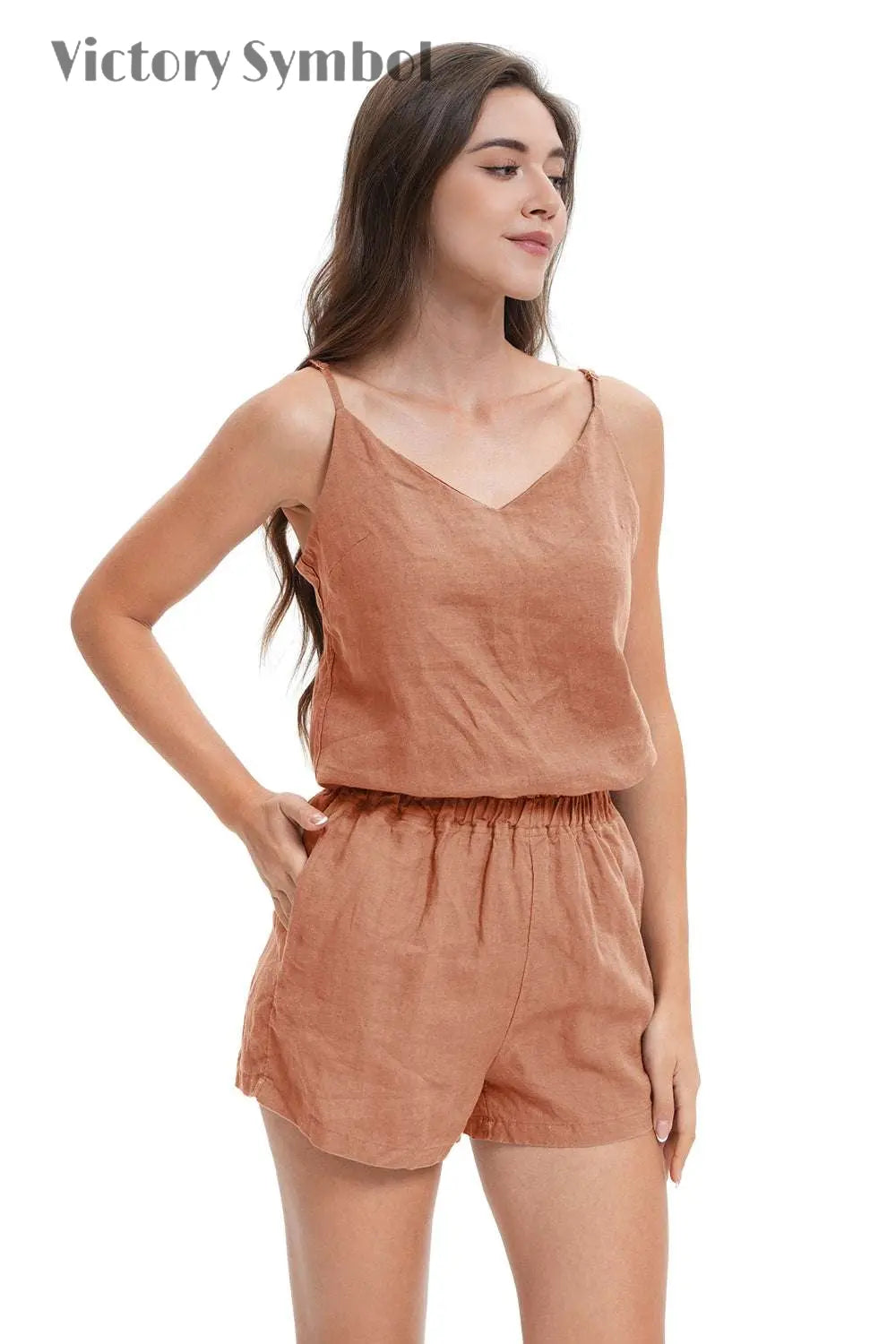 Hazelnut Women's  100% Organic  Linen Shorts-victory symbol