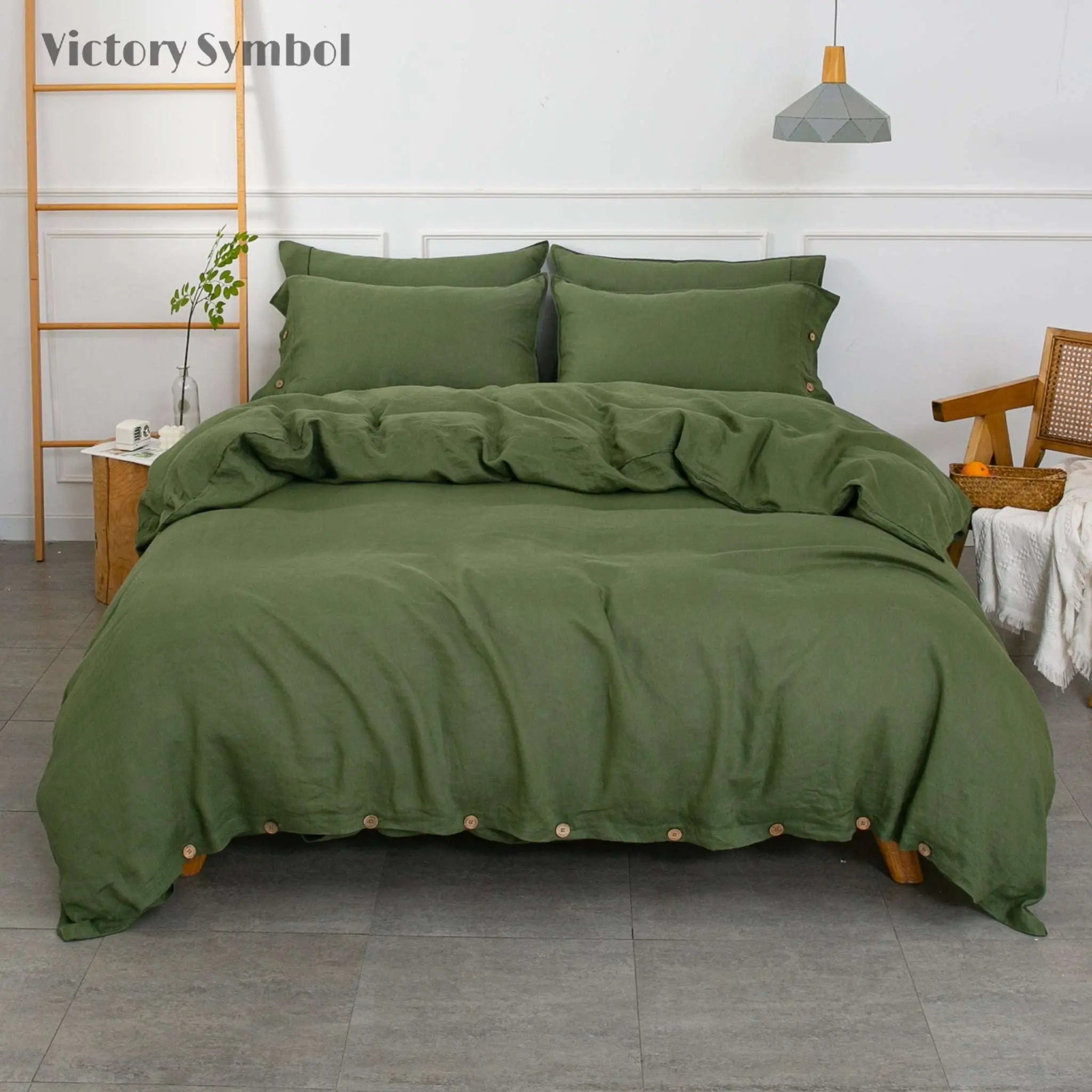 Juniper Green 100% Organic Linen Duvet Cover Set - Victory Symbol
