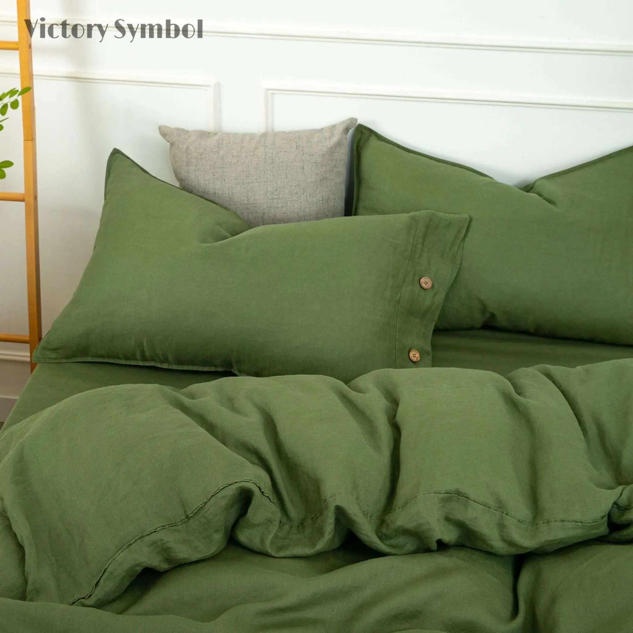 Juniper Green 100% Organic Linen Pillowcases With Coconut Button Closure - Victory Symbol