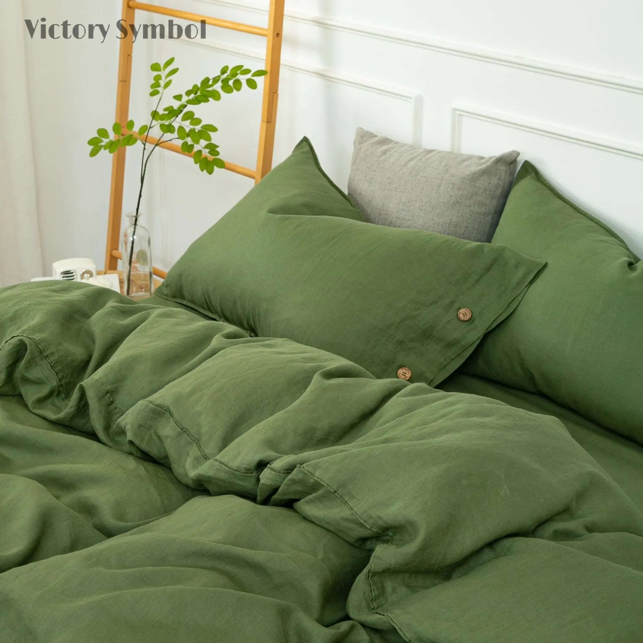 Juniper Green 100% Organic Linen Pillowcases With Coconut Button Closure - Victory Symbol