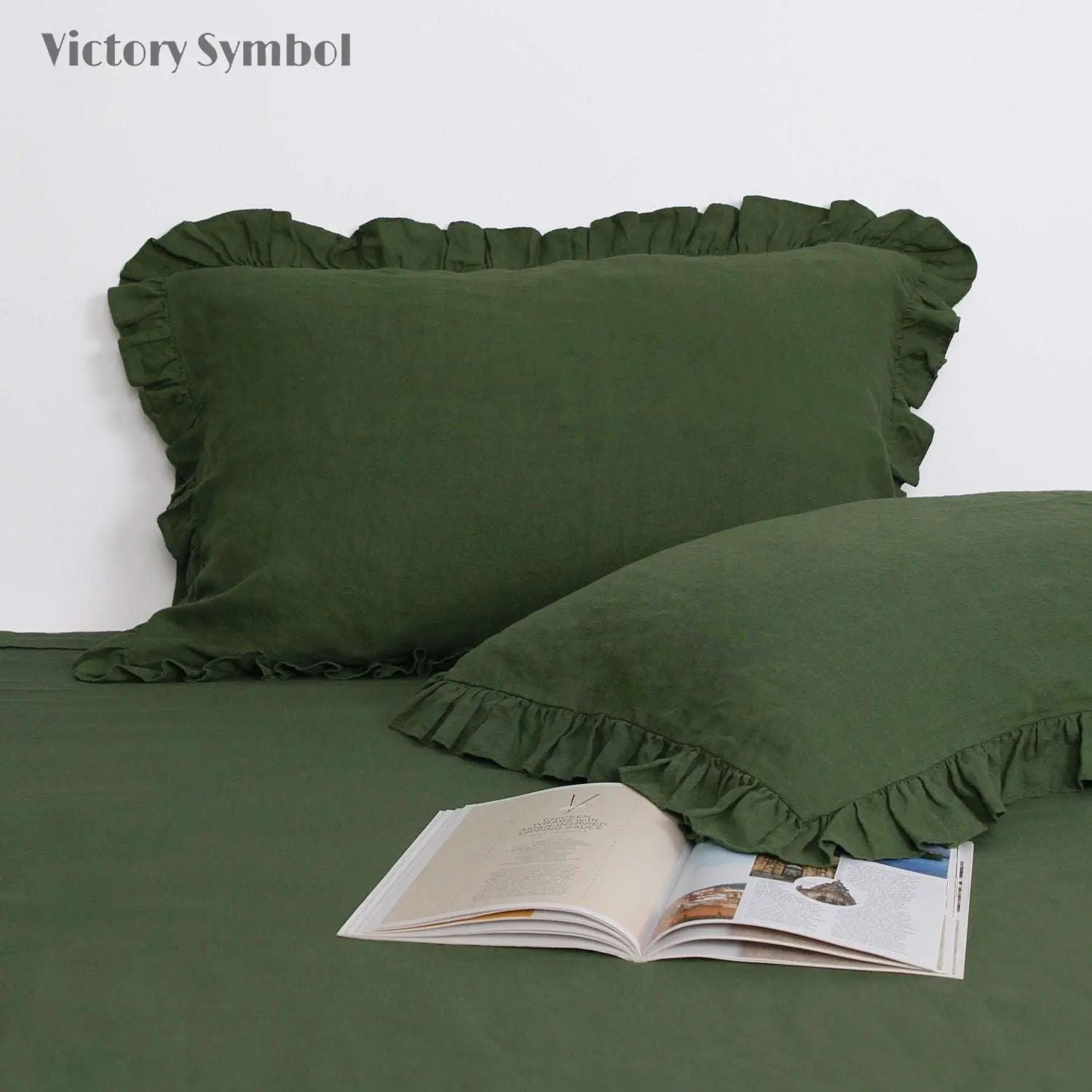Juniper Green 100% Organic Linen Pillowcases with Ruffles - Victory Symbol