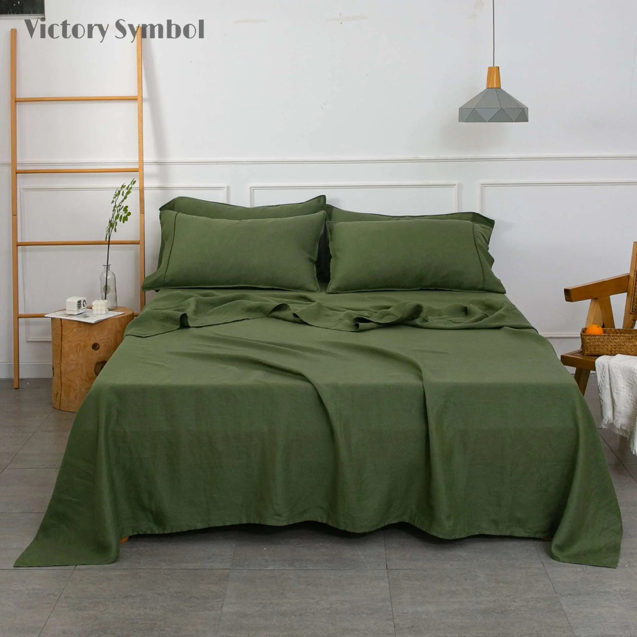 Juniper Green 100% Organic Linen Sheets Set - Victory Symbol