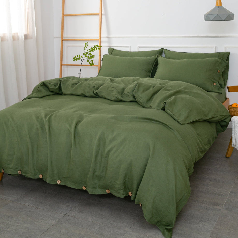 Juniper Green 100% Organic Linen Duvet Cover With Coconut Button Closure(Only 1 Piece).