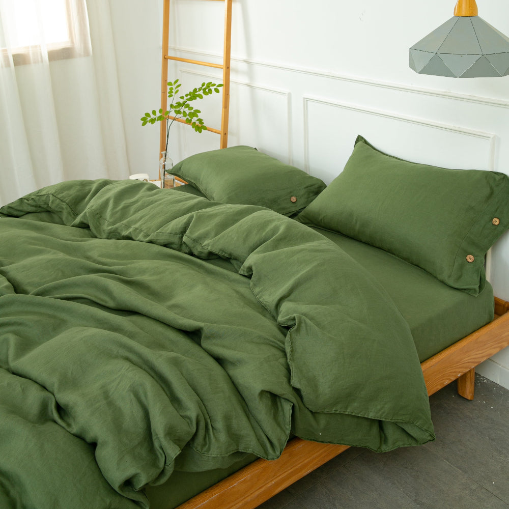 Juniper Green 100% Organic Linen Duvet Cover With Coconut Button Closure(Only 1 Piece).