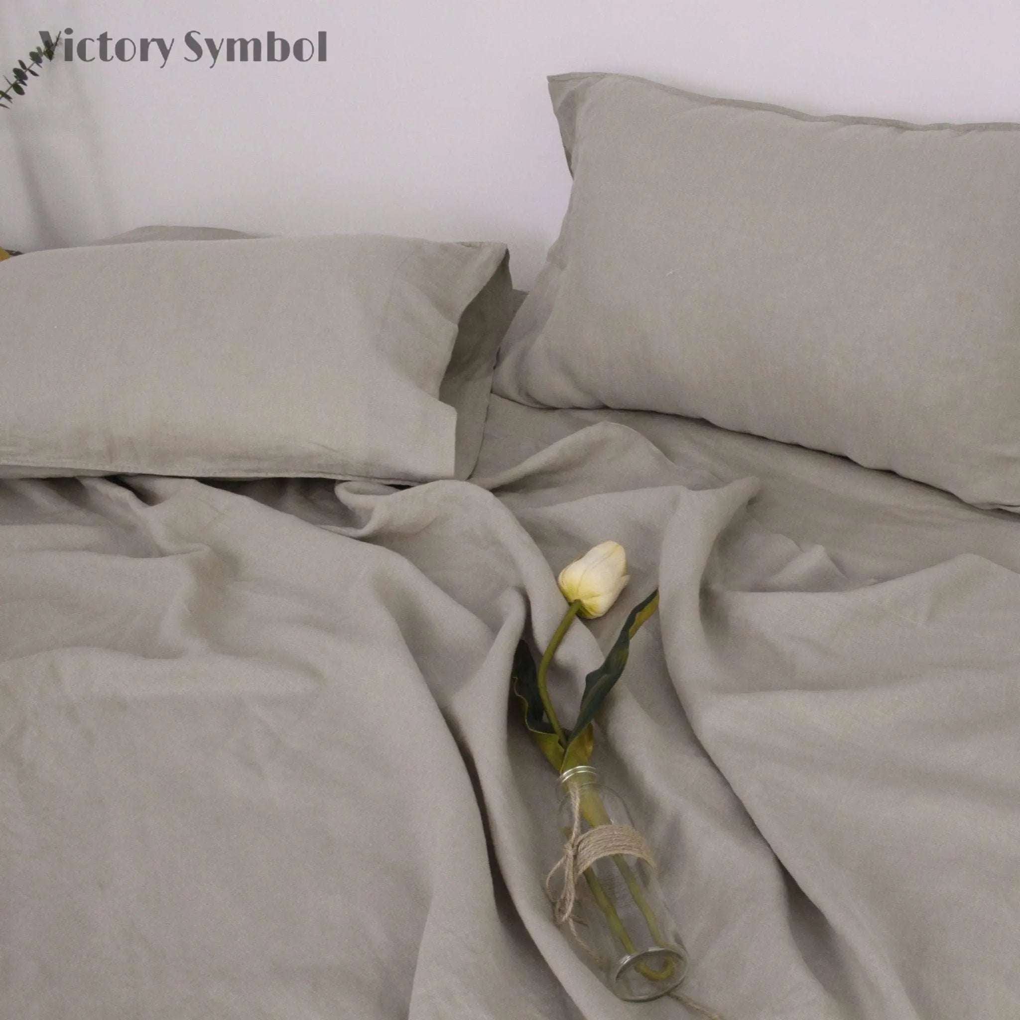 Khaki 100% Organic Linen Pillowcases - Victory Symbol
