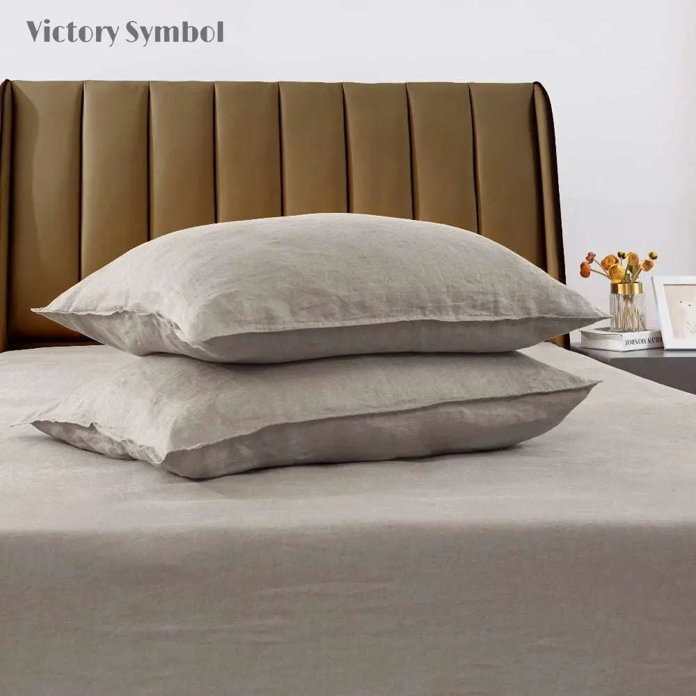 Khaki 100% Organic Linen Pillowcases-victory symbol