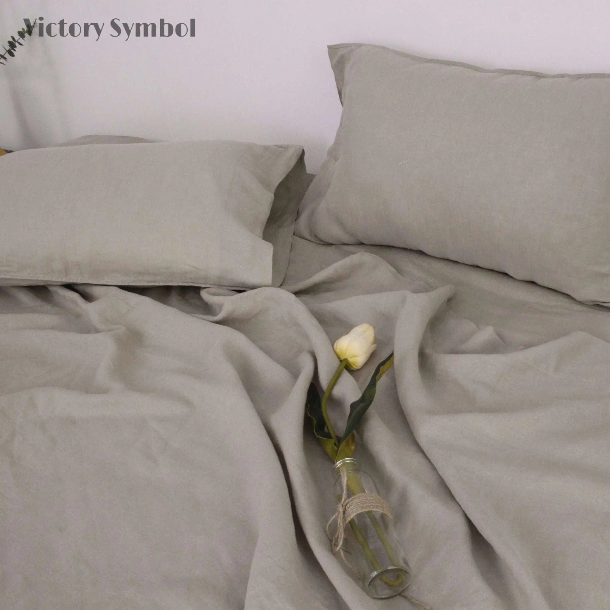 Khaki 100% Organic Linen Pillowcases - Victory Symbol