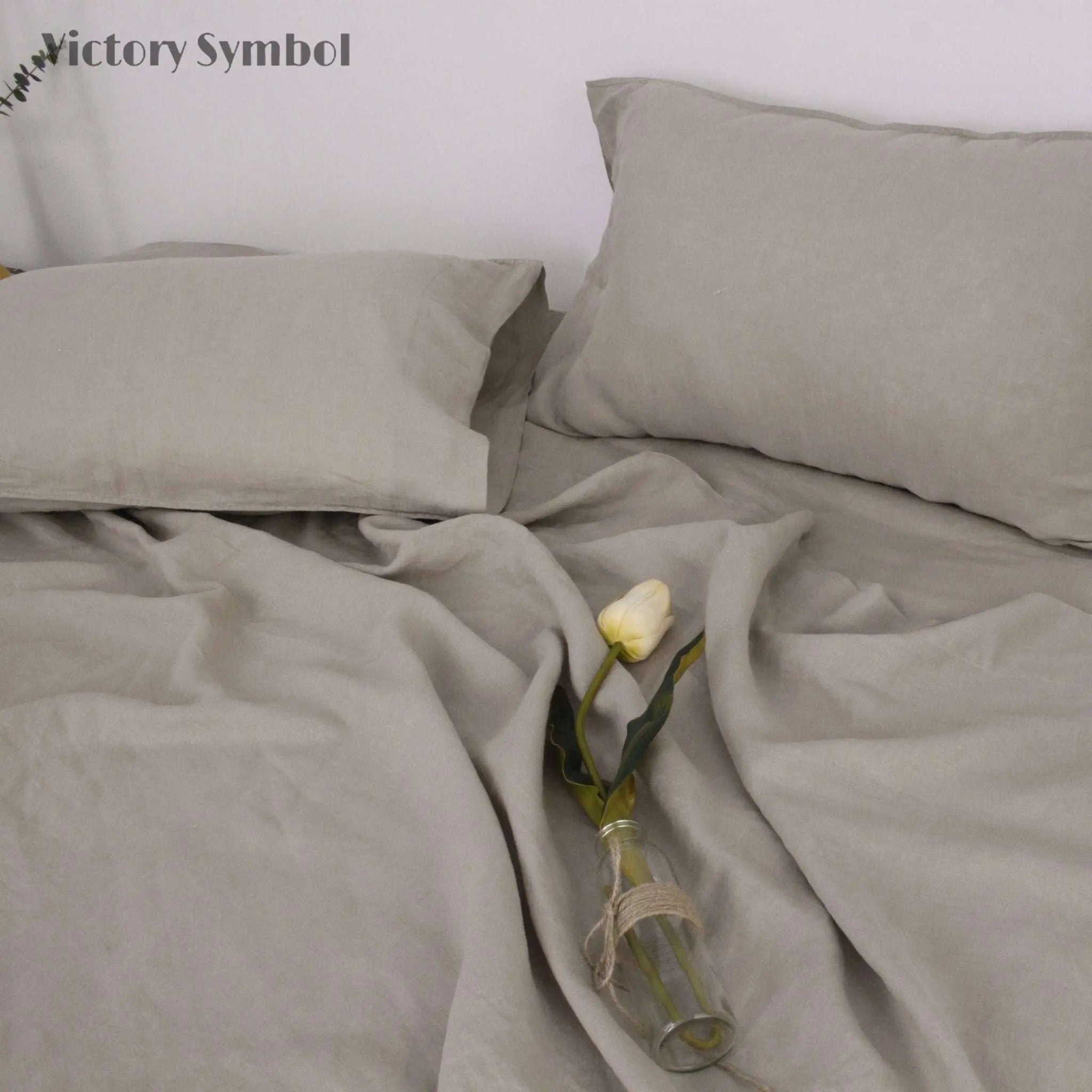 Khaki 100% Organic Linen Sheets Set - Victory Symbol