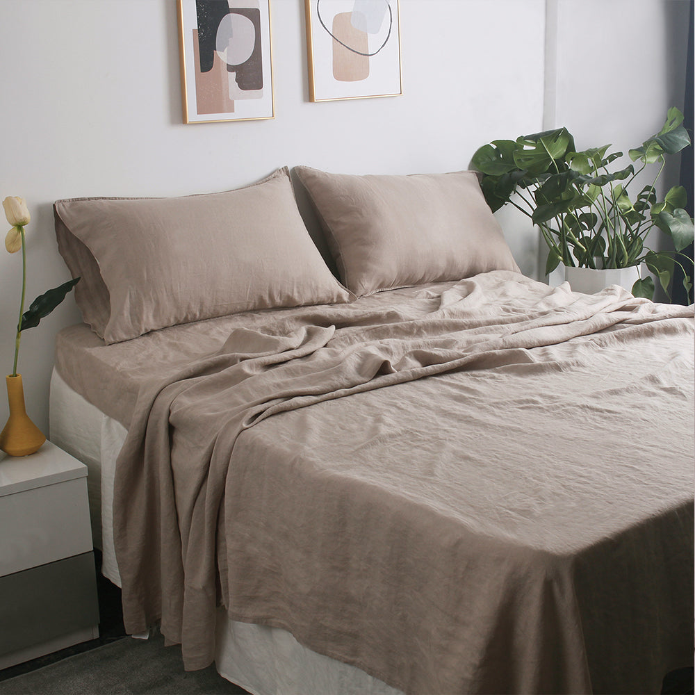Khaki 100% Organic Linen Sheets Set-victory symbol