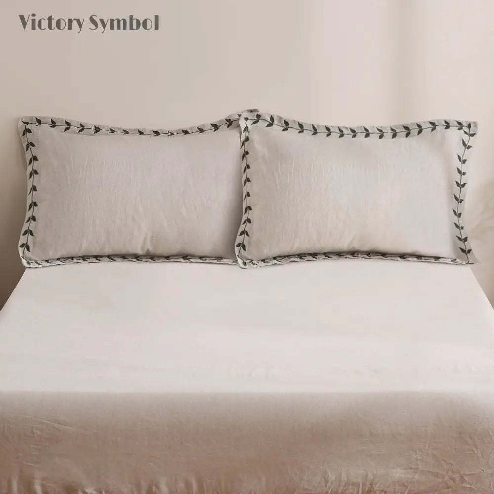 Leaf Pattern 100% Organic Linen Embroidered Pillowcases - Victory Symbol