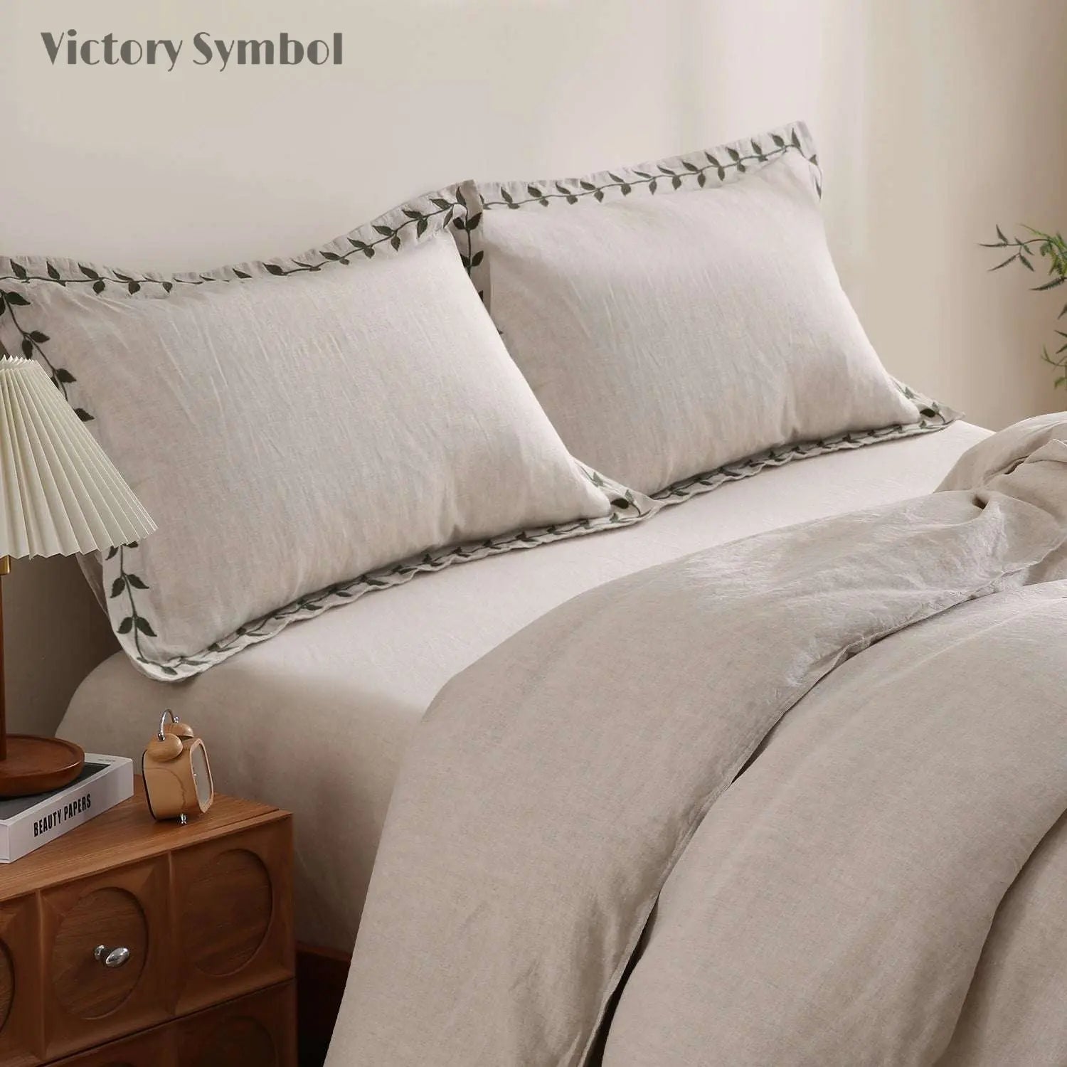 Leaf Pattern 100% Organic Linen Embroidered Pillowcases - Victory Symbol