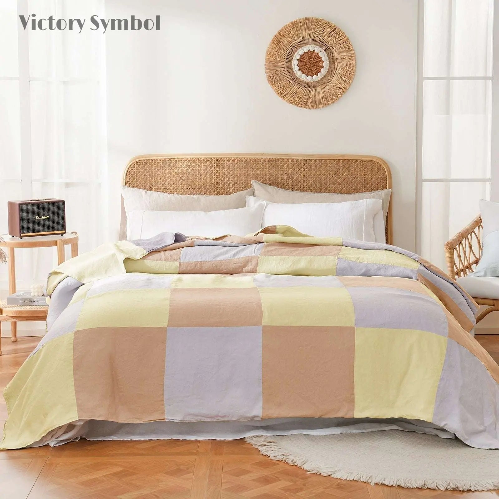 Lemon Yellow Colorblock 100% Organic Linen Plaid Blanket & Throw - Victory Symbol