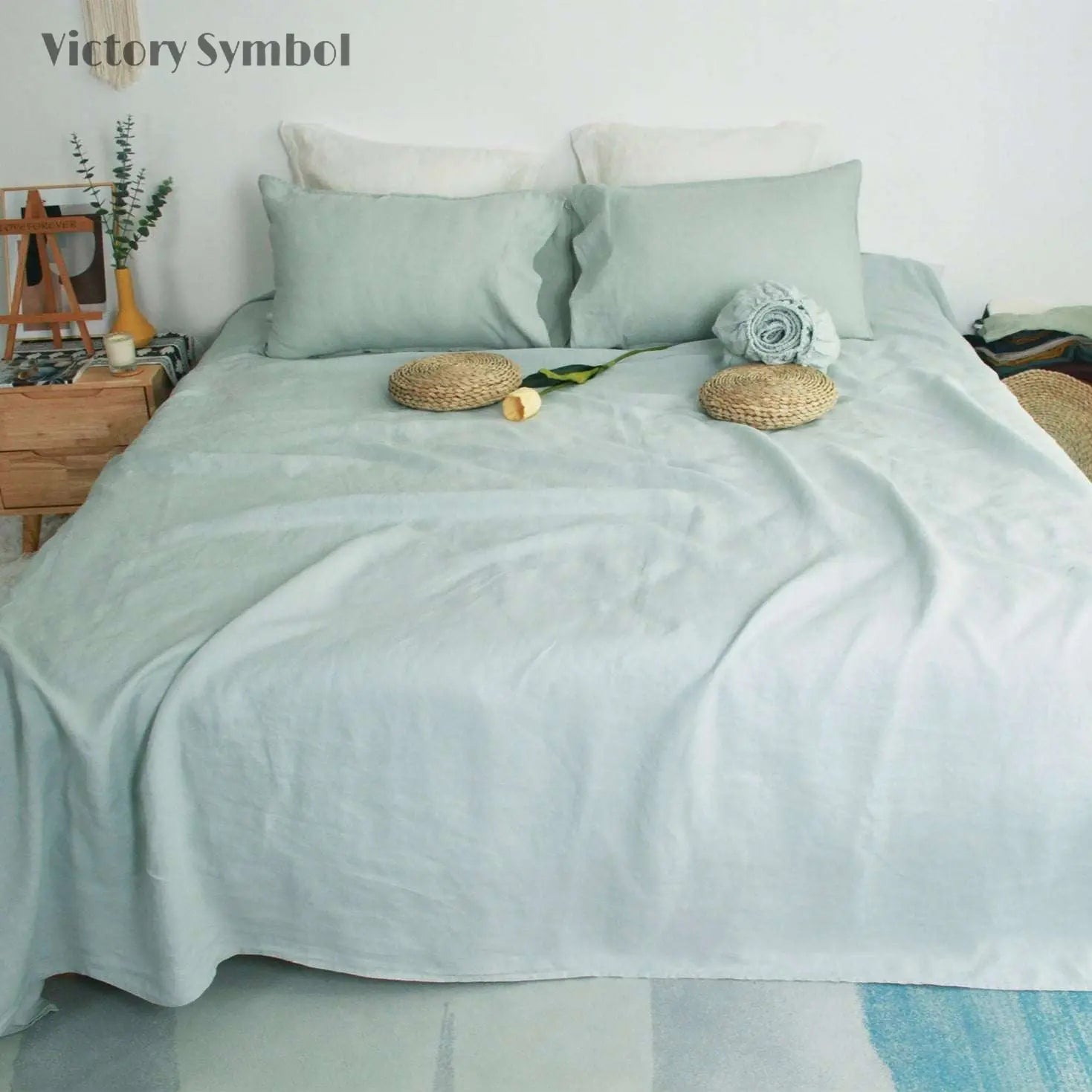 Light Green 100% Organic Linen Sheets Set - Victory Symbol