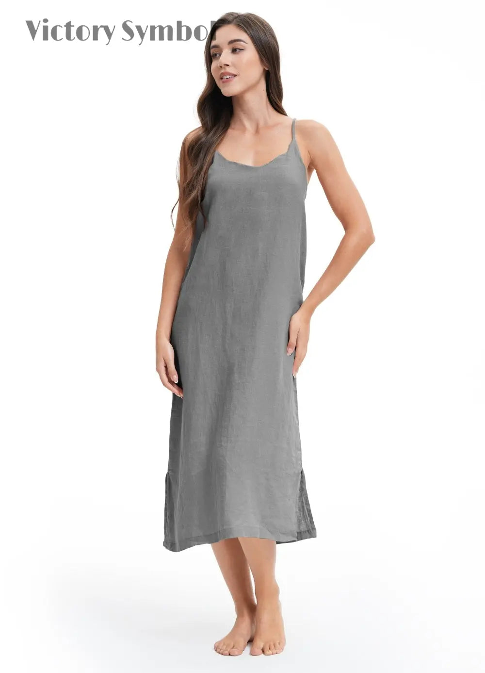 Light Grey 100% Organic Linen Midi Dress - Victory Symbol