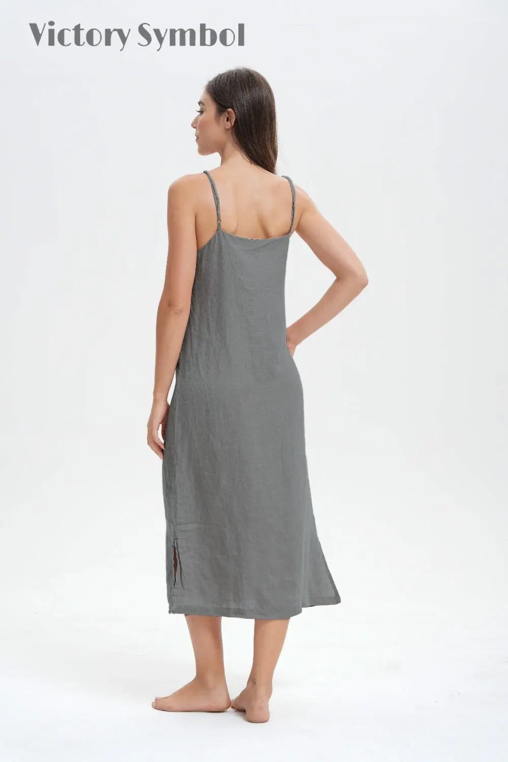 light grey 100% Organic Linen Midi Dress-victory symbol