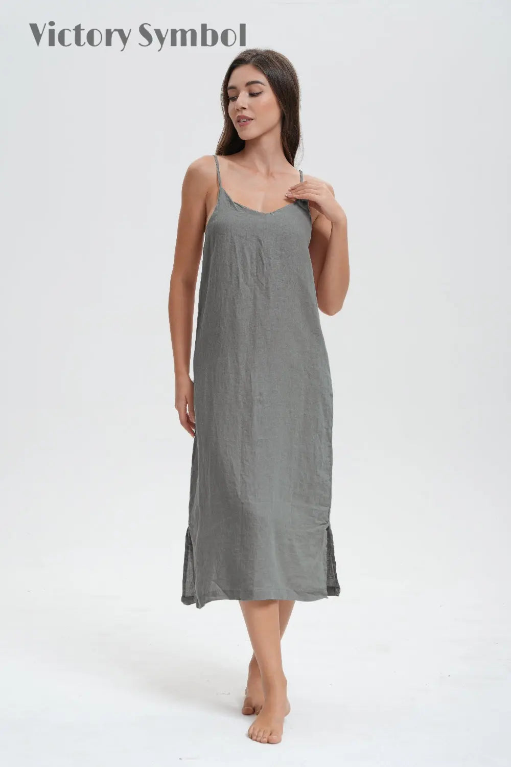 light grey 100% Organic Linen Midi Dress-victory symbol