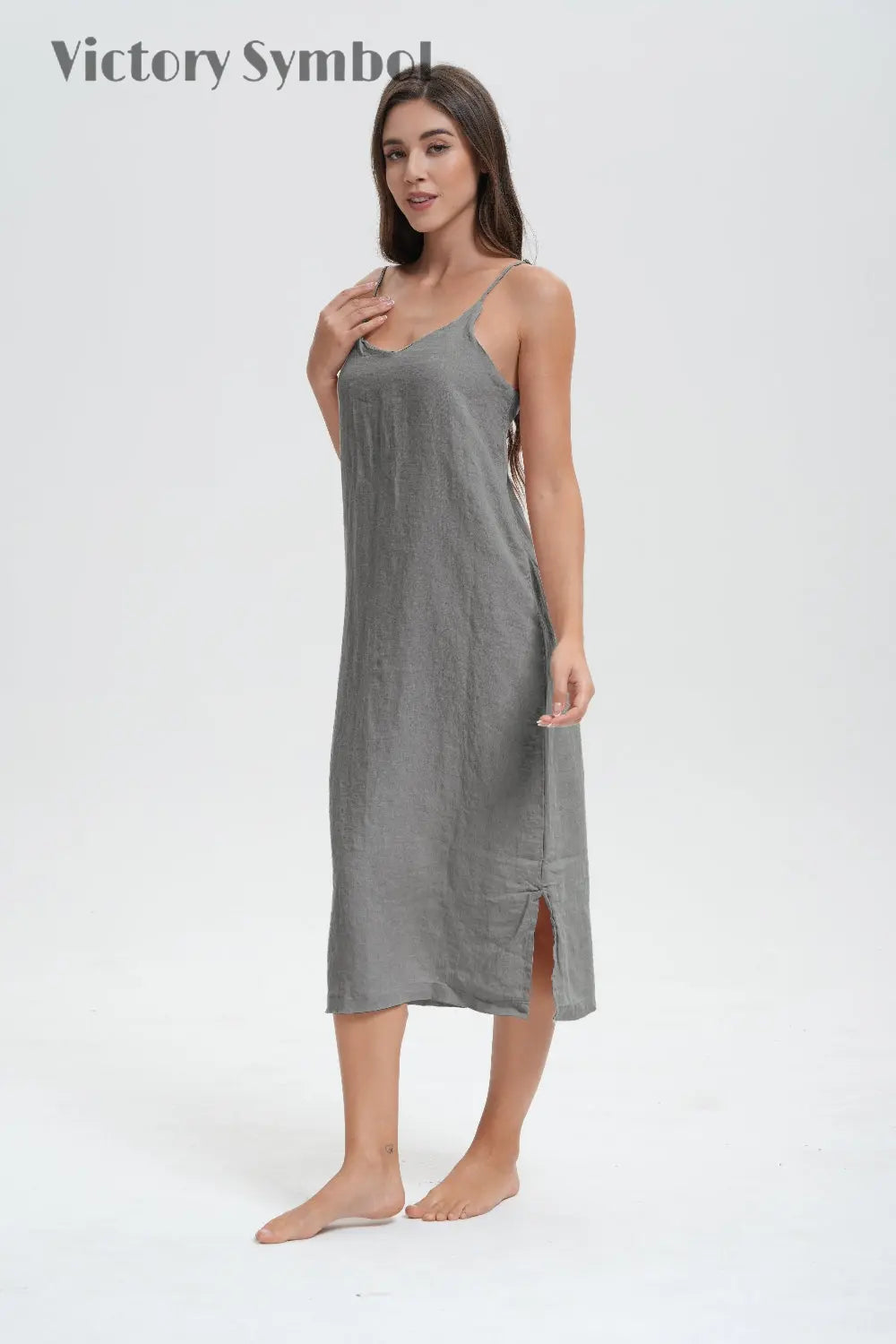 light grey 100% Organic Linen Midi Dress-victory symbol
