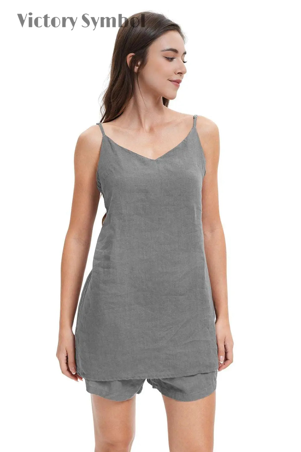 Light Grey Women's Linen Camisole Tank Top V - Neck Loose Casual Adjustable Strap - Victory Symbol