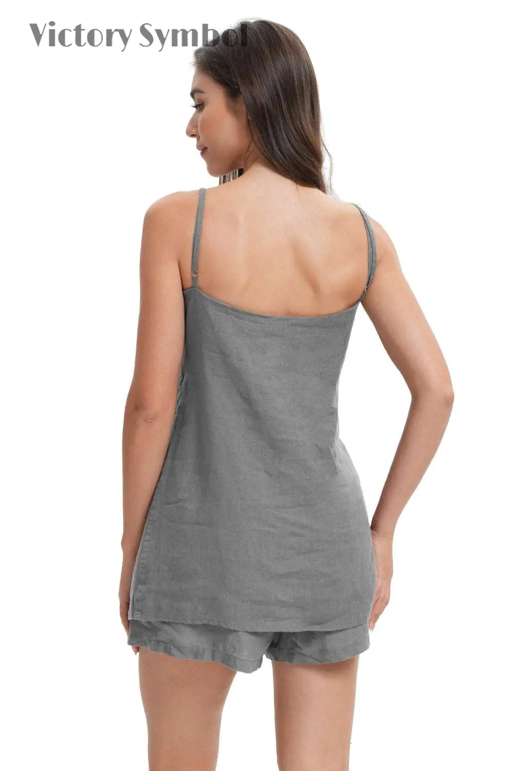 Light Grey Women's Linen Camisole Tank Top V - Neck Loose Casual Adjustable Strap - Victory Symbol