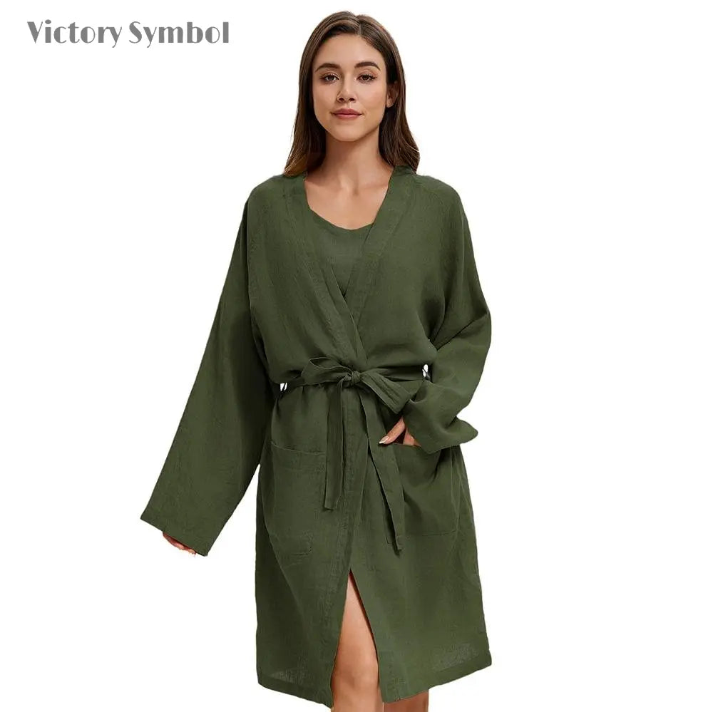Light Olive 100% Organic Linen Women's V - Neck Robes - Victory Symbol