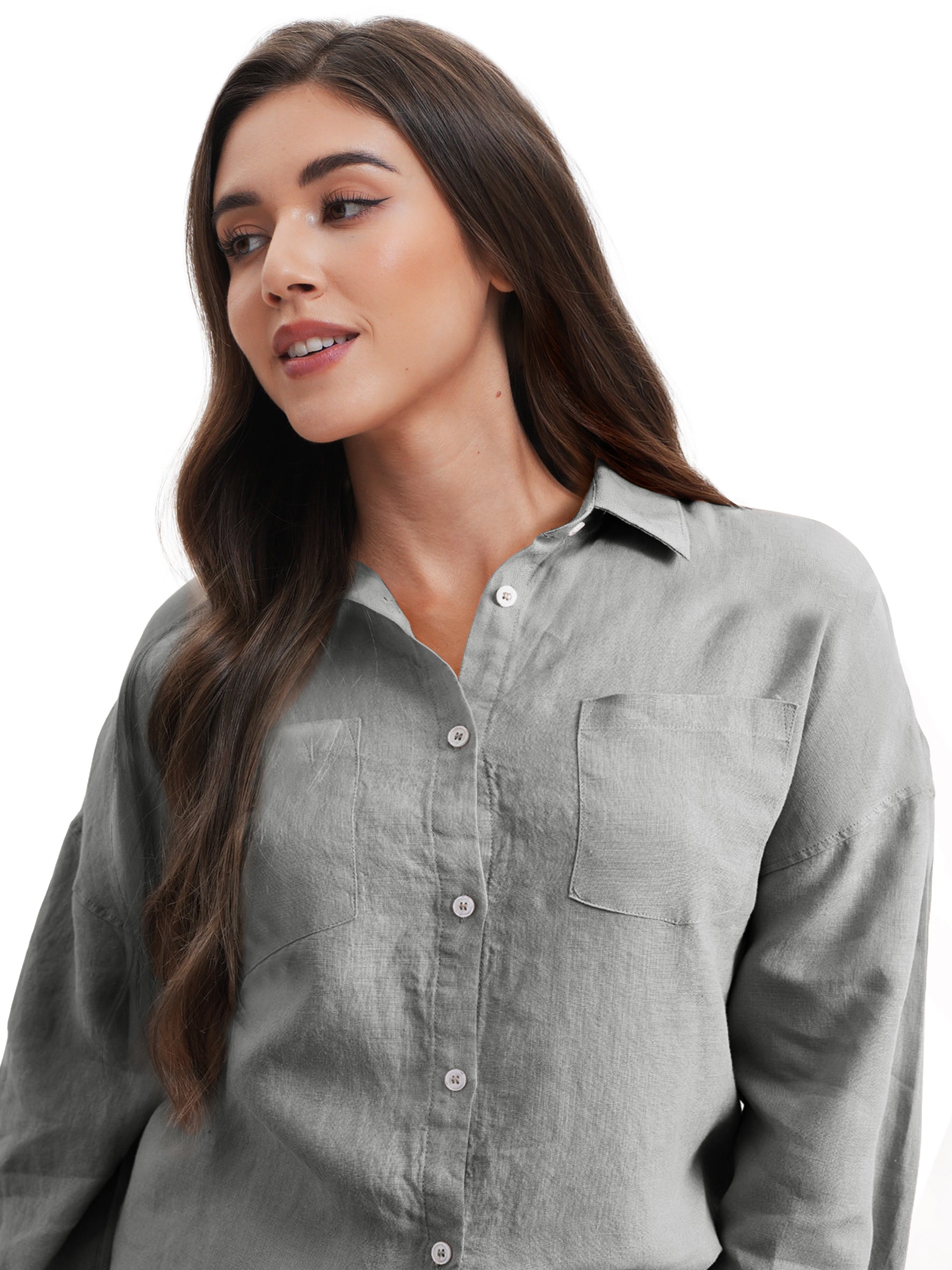 Light Grey 100% Organic Linen Long Sleeve Shirt-Victory Symbol