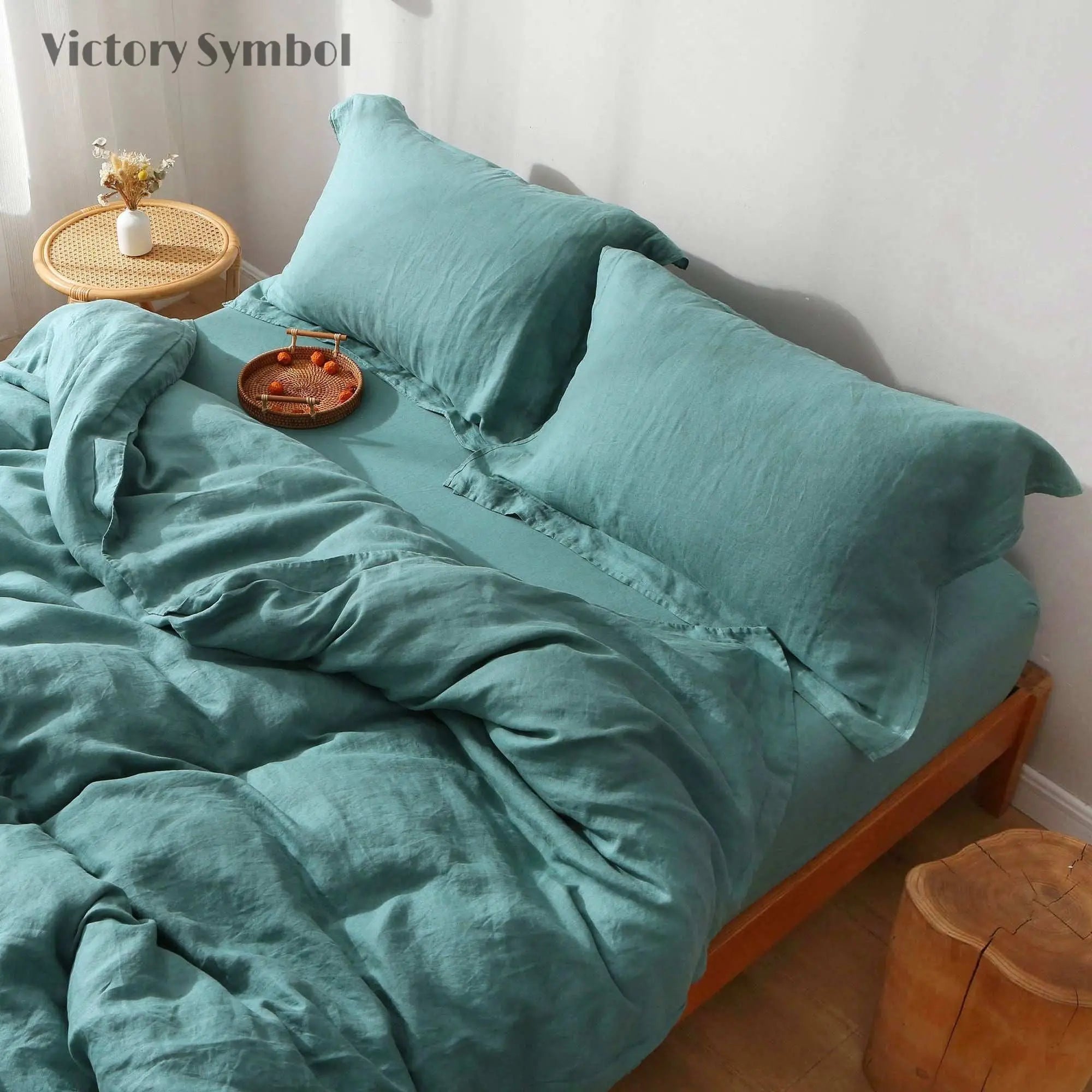 Malachite Green 100% Organic Linen Duvet Cover Set - Victory Symbol