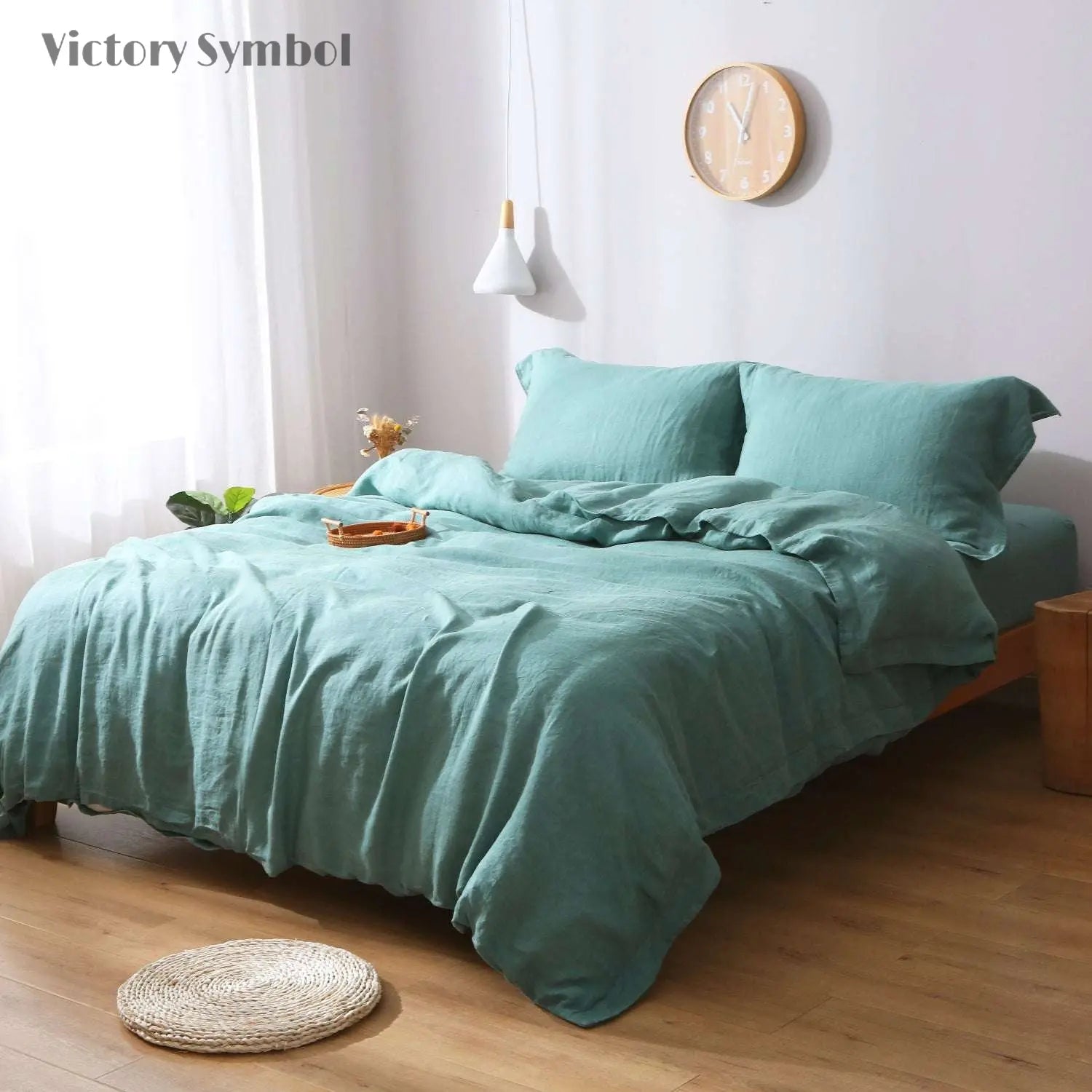 Malachite Green 100% Organic Linen Duvet Cover Set - Victory Symbol