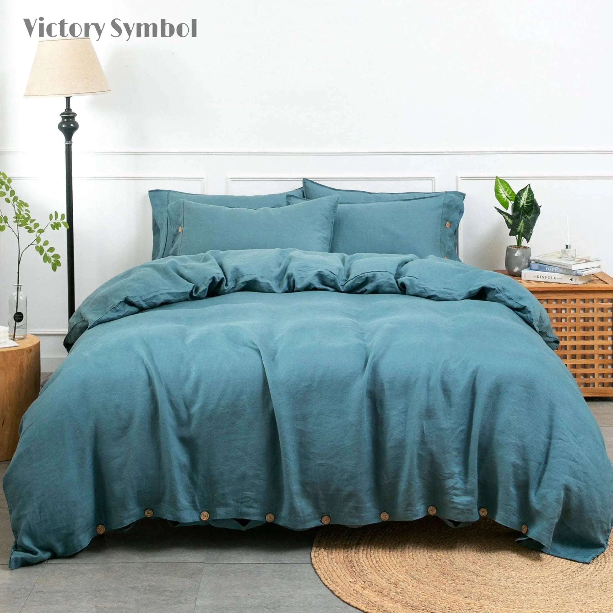 Mineral Blue 100% Organic Linen Duvet Cover Set - Victory Symbol