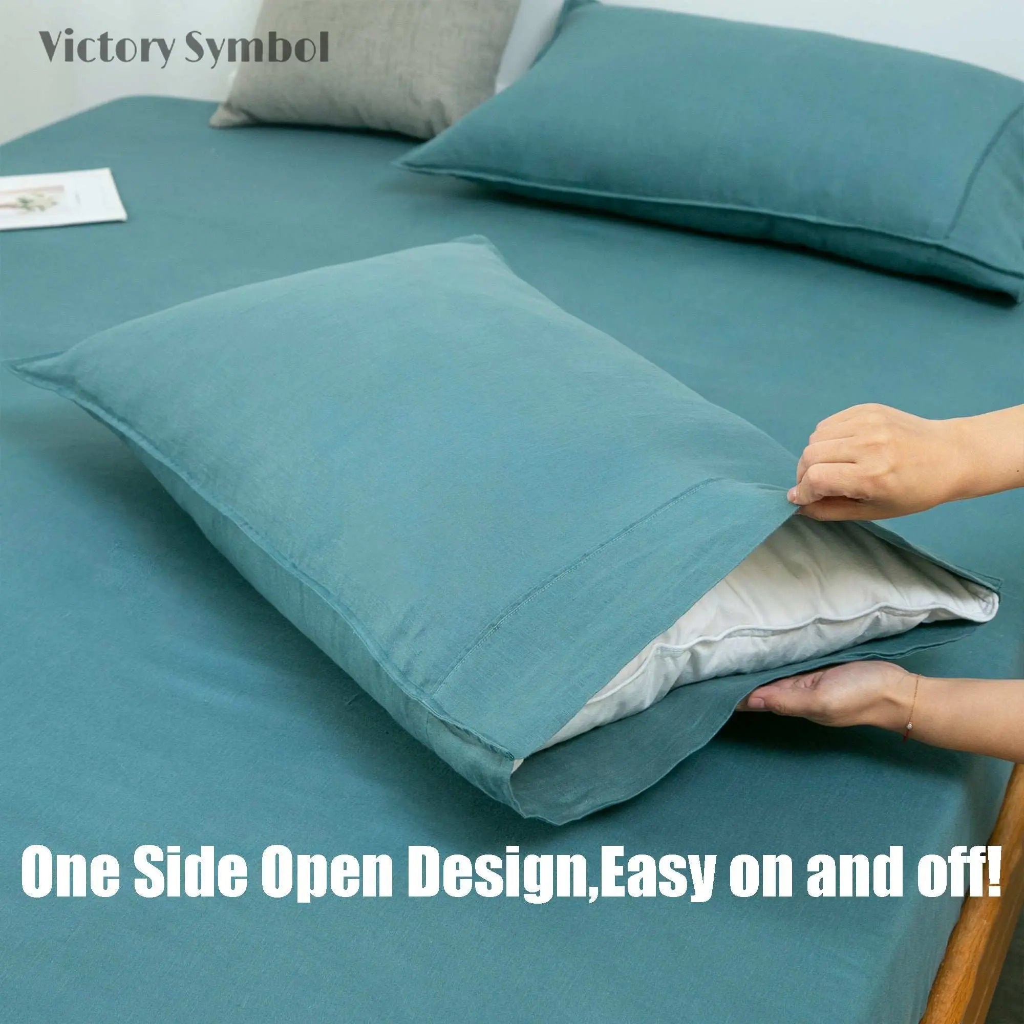 Mineral Blue 100% Organic Linen Pillowcases - Victory Symbol