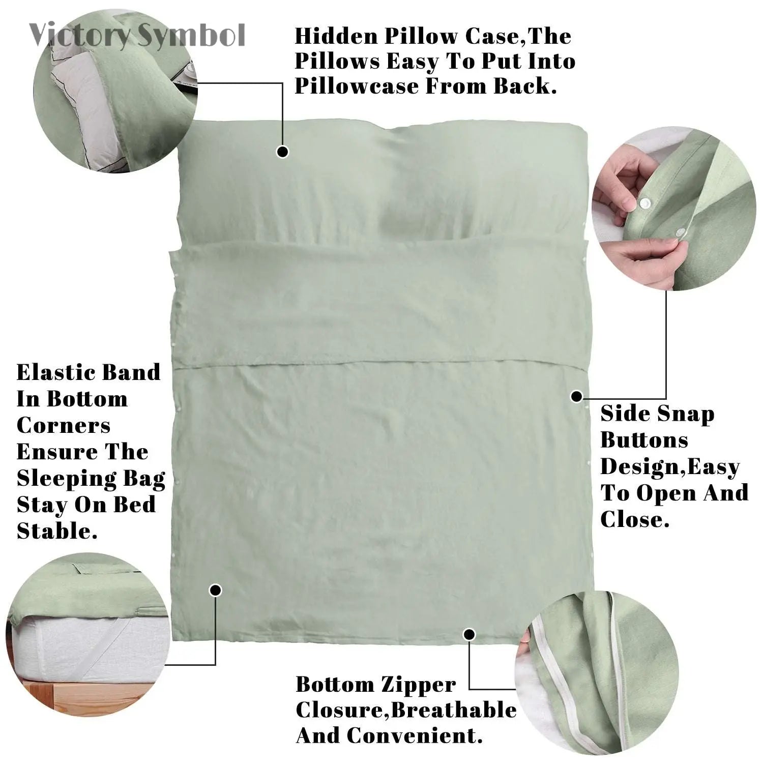 Mint Green 100% Linen Portable Bed Sheet,Sleeping Bag Liner for Hotel and Travel,Sleep Sack Adult - Ultra Lightweight Backpacking with Zipper - Victory Symbol