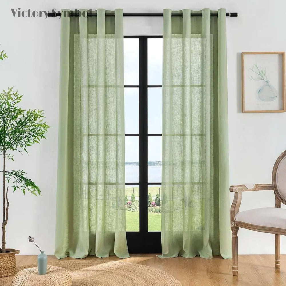 Mint Green 100% Organic Linen Curtain for Bedroom Living Room - Victory Symbol