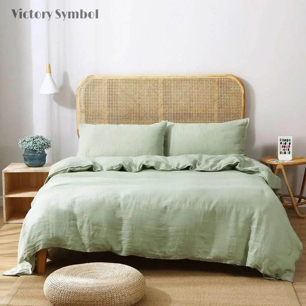 Mint Green 100% Organic Linen Duvet Cover Set - Victory Symbol