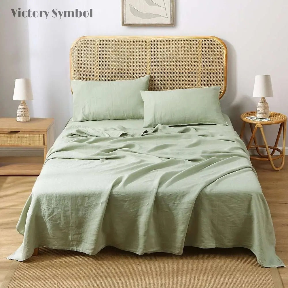 Mint Green 100% Organic Linen Sheets Set - Victory Symbol