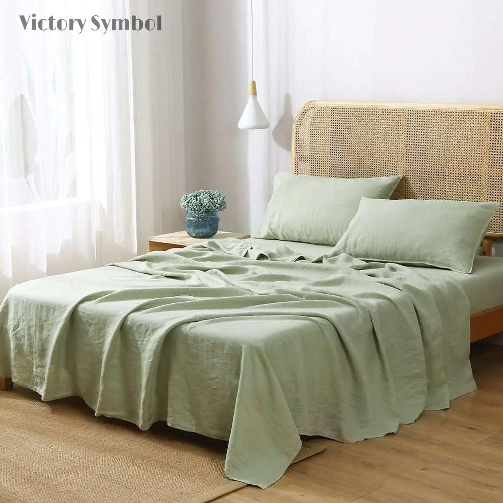 Mint Green 100% Organic Linen Sheets Set - Victory Symbol
