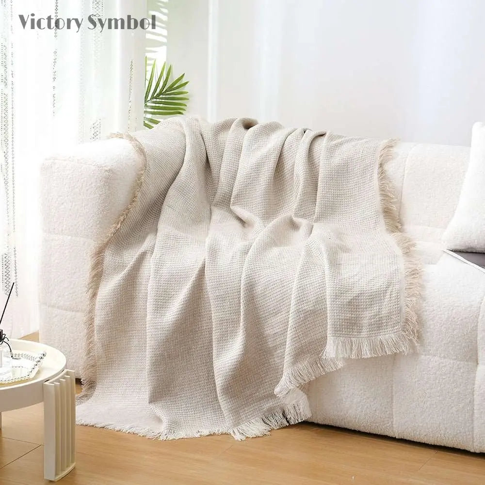 Natural Linen 100% Organic Linen Waffle Plaid Blanket & Throw with Raw Edge - Victory Symbol
