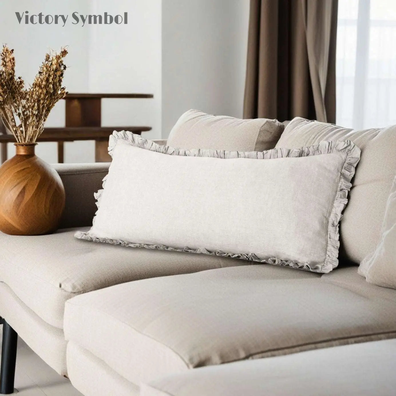 Natural Undyed Linen 100% Organic Linen Body Pillowcase With Ruffles - Victory Symbol