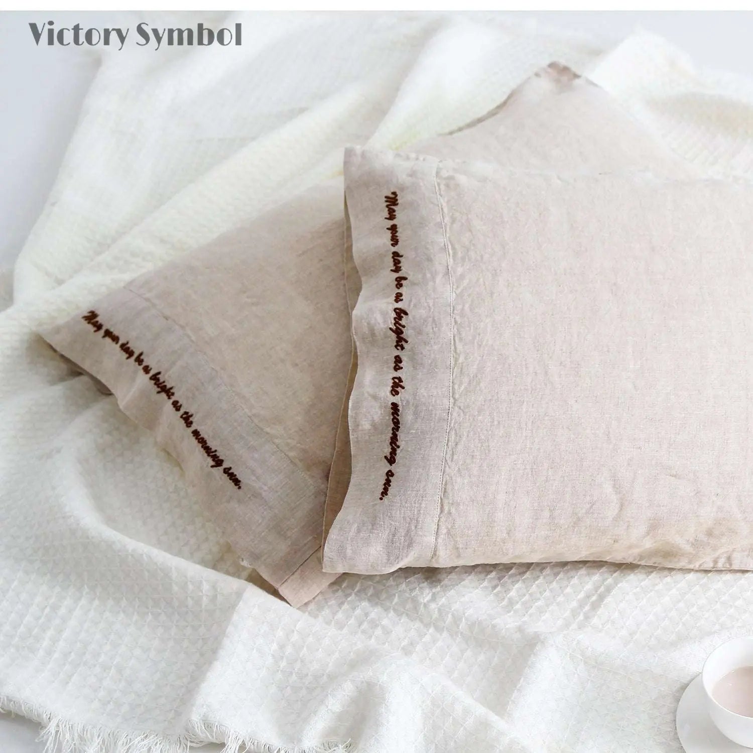 Natural Linen 100% Organic Linen Embroidered Pillowcases - Victory Symbol