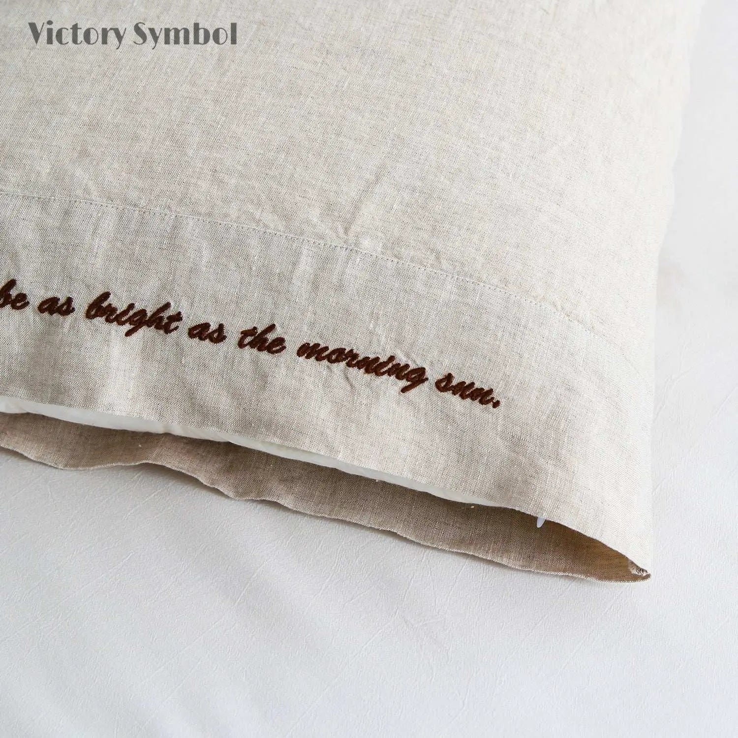 Natural Undyed Linen 100% Organic Linen Embroidered Pillowcases - Victory Symbol