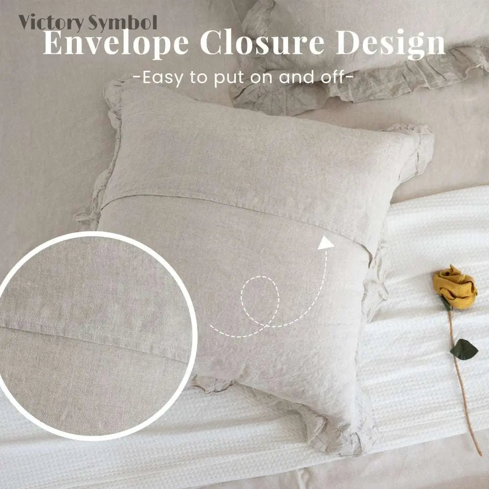 Natural Undyed Linen 100% Organic Linen Euro Pillowcases With Ruffles - Victory Symbol