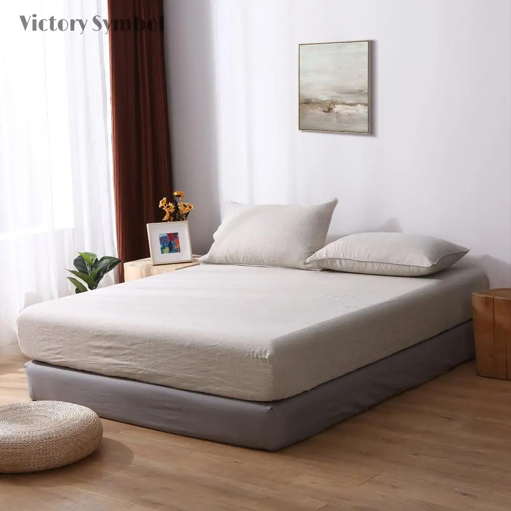 Natural Undyed Linen 100% Organic Linen Fitted Sheet - Victory Symbol