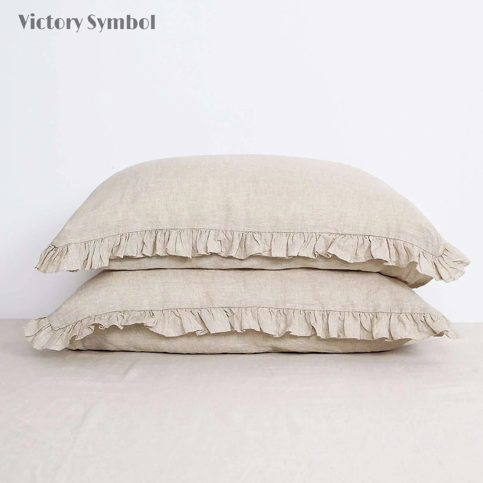 Natural Undyed Linen 100% Organic Linen Pillowcases with Ruffles - Victory Symbol
