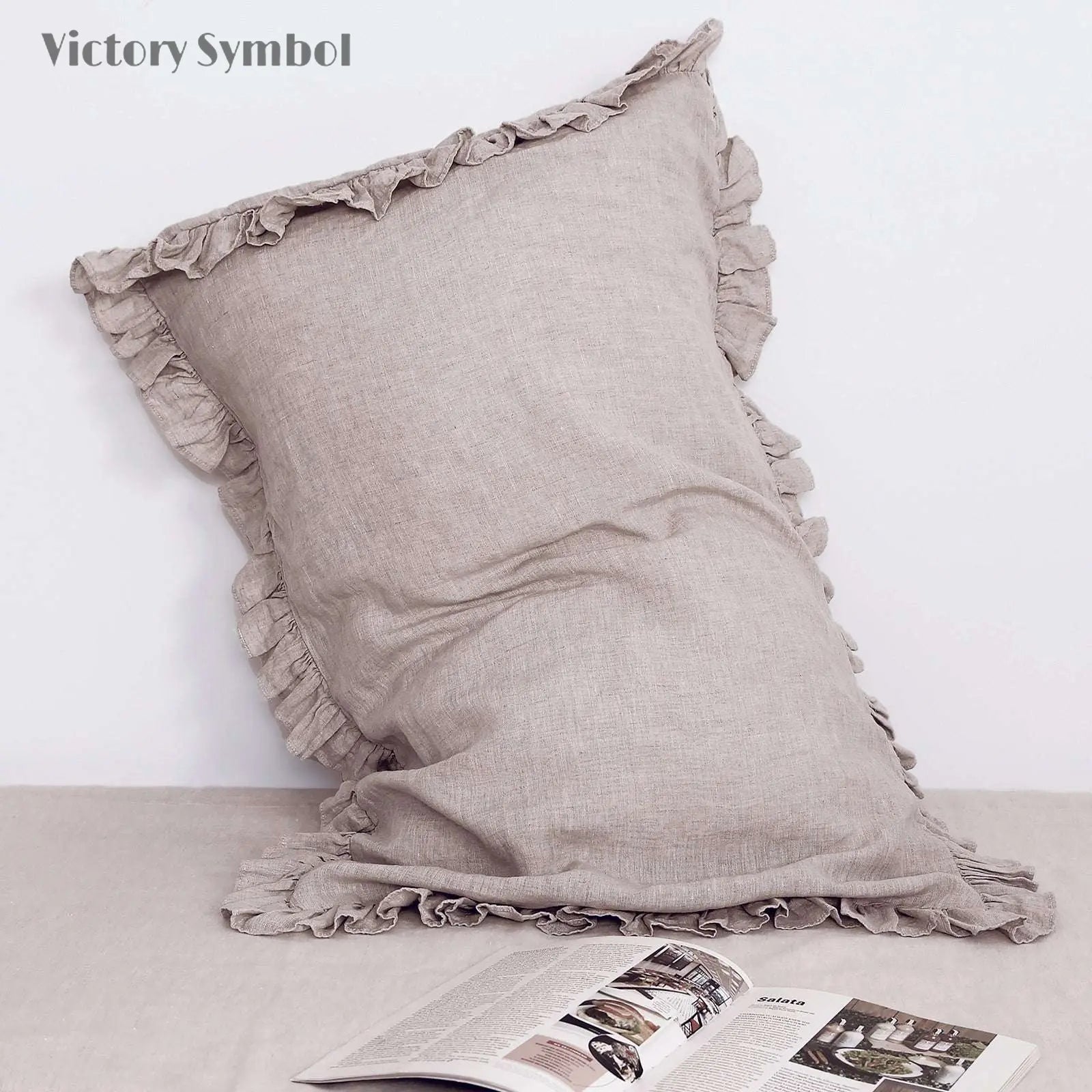 Natural Undyed Linen 100% Organic Linen Pillowcases with Ruffles - Victory Symbol