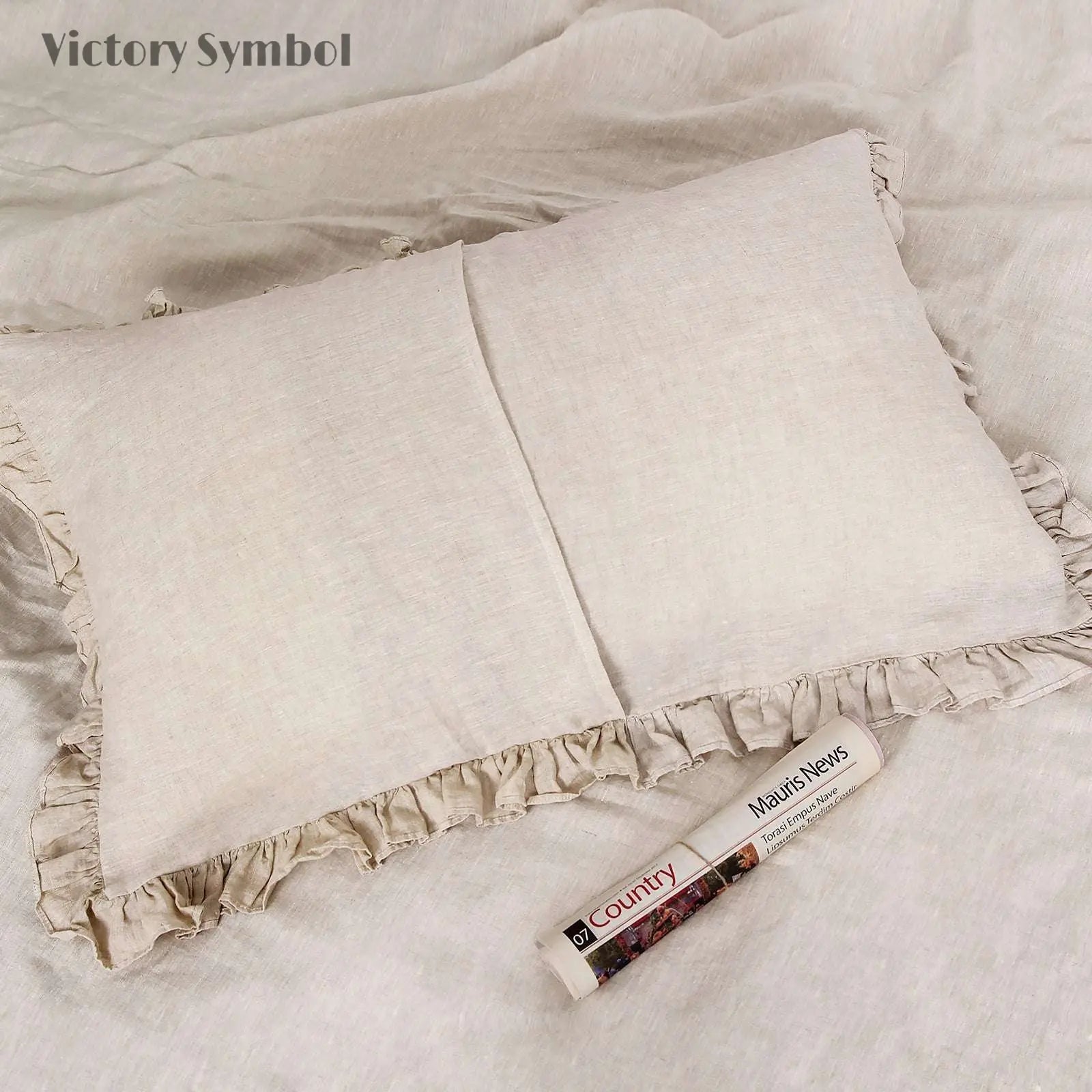 Natural Undyed Linen 100% Organic Linen Pillowcases with Ruffles - Victory Symbol